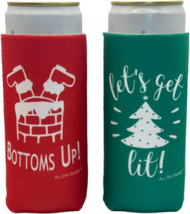 Holiday Festive Christmas in July Slim Can Coolers - 6 Pack | Bottoms Up Let's Get Lit Stocking Stuffer Gifts - Funny Ugly Sweater Party Prize, Favors, Decorations & Supplies - Red/Green
