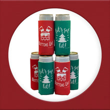 Load image into Gallery viewer, Holiday Festive Christmas in July Slim Can Coolers - 6 Pack | Bottoms Up Let&#39;s Get Lit Stocking Stuffer Gifts - Funny Ugly Sweater Party Prize, Favors, Decorations &amp; Supplies - Red/Green