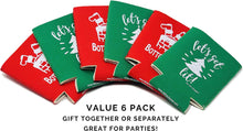 Load image into Gallery viewer, Holiday Festive Christmas in July Regular Can Coolers - 6 Pack | Bottoms Up Let&#39;s Get Lit Stocking Stuffer Gifts - Funny Ugly Sweater Party Prize, Favors, Decorations &amp; Supplies (Red/Green)