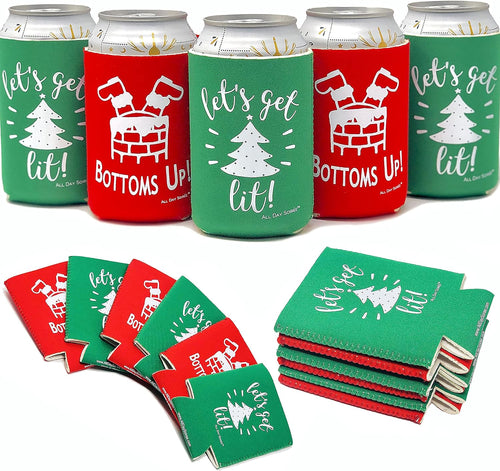 Holiday Festive Christmas in July Regular Can Coolers - 6 Pack | Bottoms Up Let's Get Lit Stocking Stuffer Gifts - Funny Ugly Sweater Party Prize, Favors, Decorations & Supplies (Red/Green)