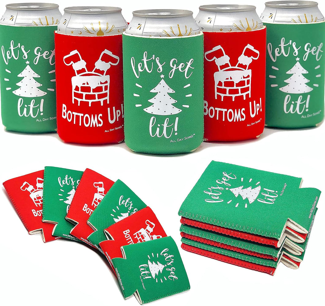 Holiday Festive Christmas in July Regular Can Coolers - 6 Pack | Bottoms Up Let's Get Lit Stocking Stuffer Gifts - Funny Ugly Sweater Party Prize, Favors, Decorations & Supplies (Red/Green)