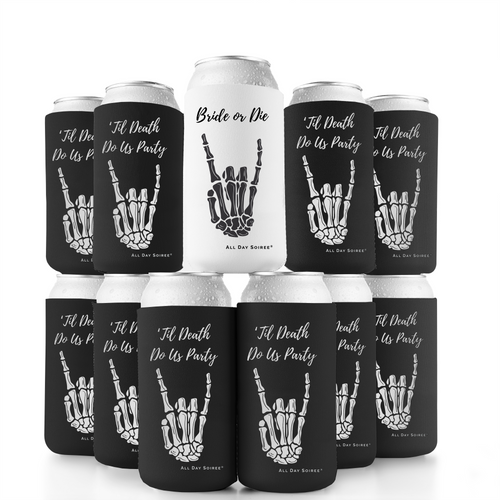 Bride or Die Bachelorette Party Skinny Slim Can Coozies - Black & White - 11 Pack