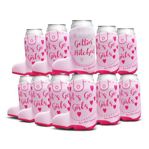Nashville Country Boot Bachelorette Party Skinny Slim Can Coozies - Pink - 11 Pack