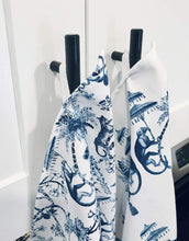 Load image into Gallery viewer, All Day Soirée Chinoiserie Designer Kitchen Tea Towels 3 Pack 100% Absorbent Cotton Tiger Monkey Floral Hand Towel Large Dish Cloth Set Blue White
