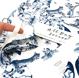All Day Soirée Chinoiserie Designer Kitchen Tea Towels 3 Pack 100% Absorbent Cotton Tiger Monkey Floral Hand Towel Large Dish Cloth Set Blue White