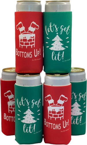 Holiday Festive Christmas in July Slim Can Coolers - 6 Pack | Bottoms Up Let's Get Lit Stocking Stuffer Gifts - Funny Ugly Sweater Party Prize, Favors, Decorations & Supplies - Red/Green