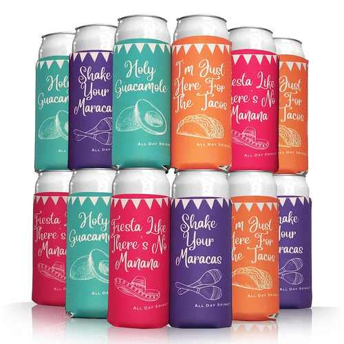 Fiesta Themed Party Skinny Slim Can Coozies - Variety 12 Pack