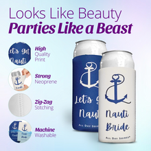 Load image into Gallery viewer, Nauti Bride Bachelorette Party Skinny Slim Can Coozies - Navy Blue - 11 Pack