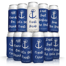 Load image into Gallery viewer, Nauti Bride Bachelorette Party Skinny Slim Can Coozies - Navy Blue - 11 Pack