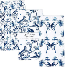 Load image into Gallery viewer, All Day Soirée Chinoiserie Designer Kitchen Tea Towels 3 Pack 100% Absorbent Cotton Tiger Monkey Floral Hand Towel Large Dish Cloth Set Blue White