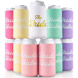 Bride's Babes Bachelorette Party Skinny Slim Can Coozies - Retro Rainbow - 11 Pack