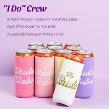 Load image into Gallery viewer, Bride&#39;s Babes Bachelorette Party Skinny Slim Can Coozies - Retro Rainbow - 11 Pack